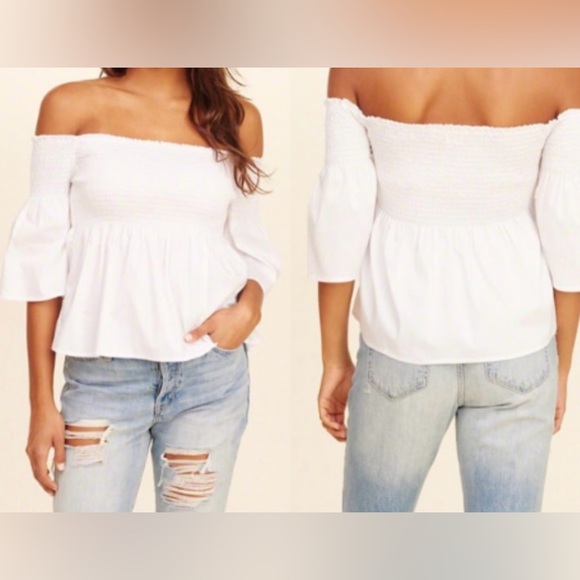 Hollister Tops - HOLLISTER White Smocked Off The Shoulder Babydoll Top